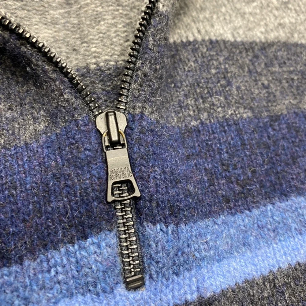 Banana Republic Sweater Mens XL Grey Blue Striped Lambswool Quarter Zip Knit